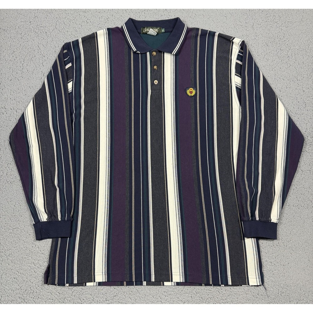 VTG Haleman Polo Shirt‎ Mens XXL Striped Long Sleeve Crest Embroidered Casual